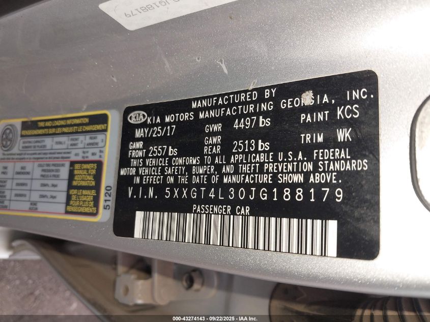 2018 Kia Optima Lx VIN: 5XXGT4L30JG188179 Lot: 43274143