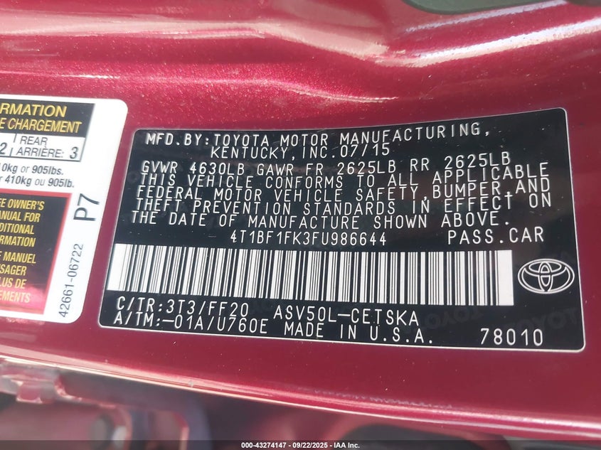 2015 Toyota Camry Se VIN: 4T1BF1FK3FU986644 Lot: 43274147