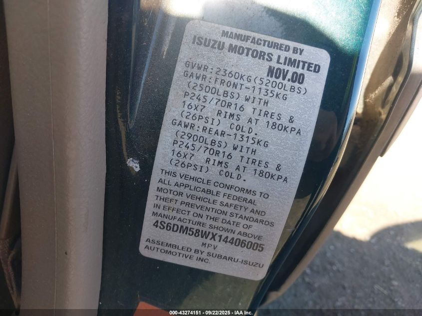 2001 Honda Passport Ex/Lx VIN: 4S6DM58WX14406005 Lot: 43274151