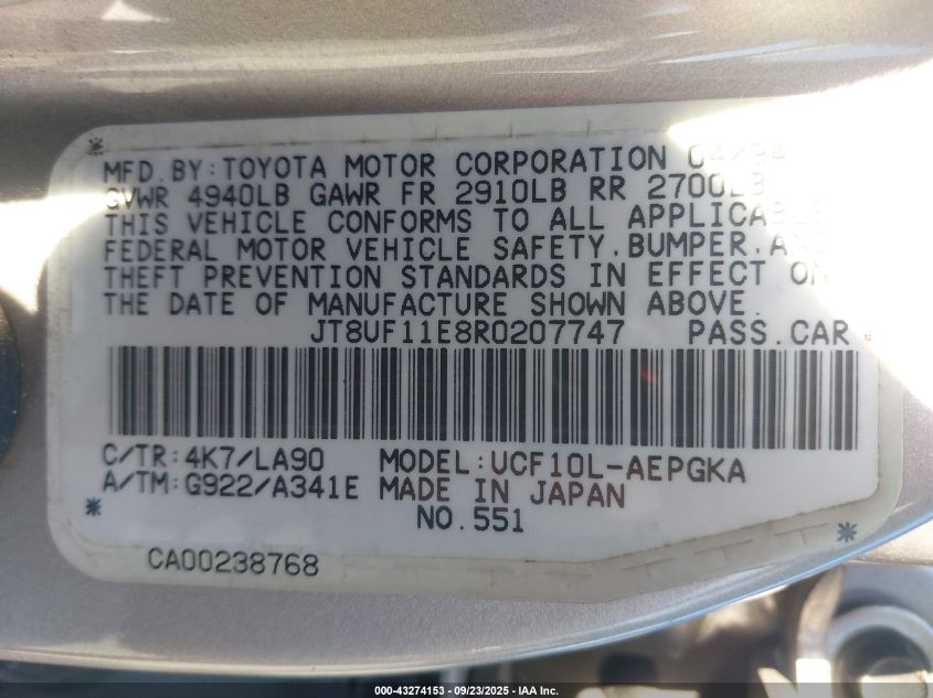 1994 Lexus Ls 400 VIN: JT8UF11E8R0207747 Lot: 43274153