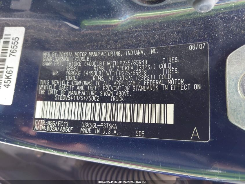 2007 Toyota Tundra Sr5 5.7L V8 VIN: 5TBDV54117S475062 Lot: 43274166