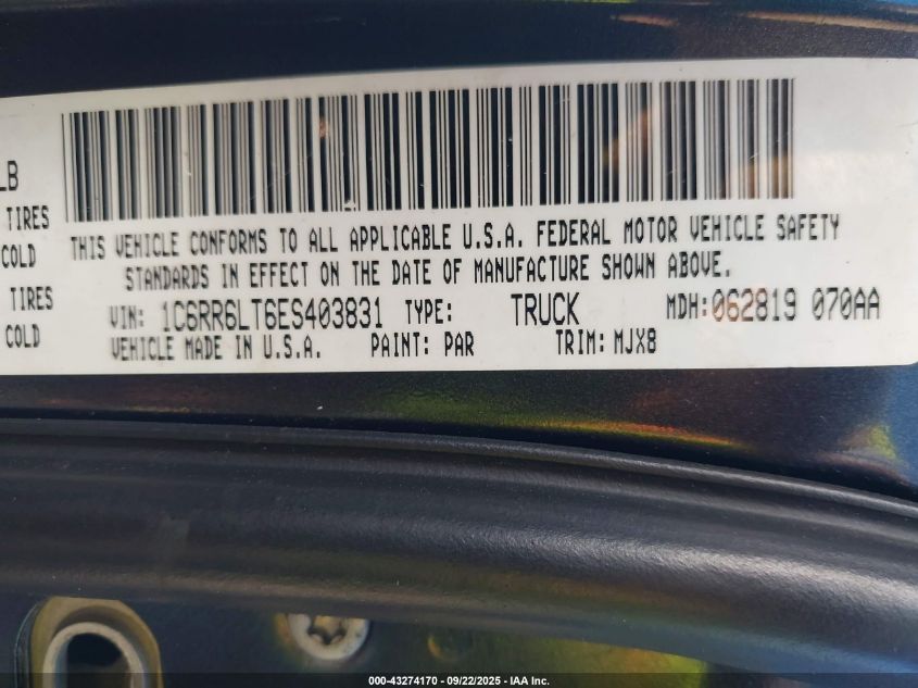 2014 Ram 1500 Lone Star VIN: 1C6RR6LT6ES403831 Lot: 43274170