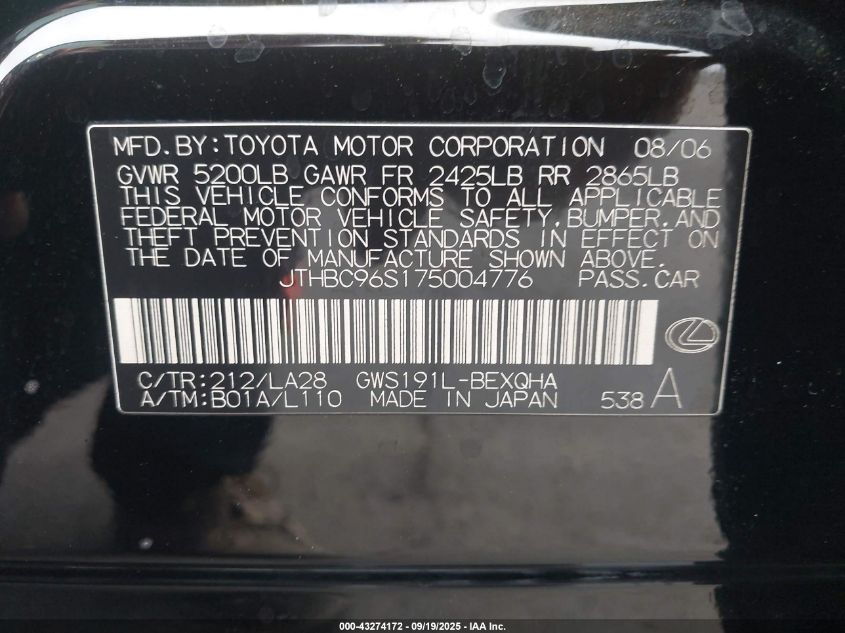 2007 Lexus Gs 450H VIN: JTHBC96S175004776 Lot: 43274172