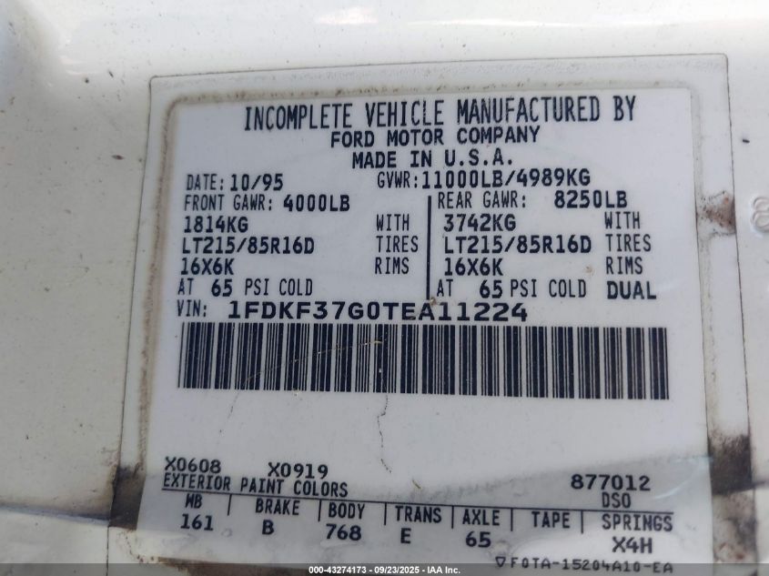 1996 Ford F350 VIN: 1FDKF37G0TEA11224 Lot: 43274173