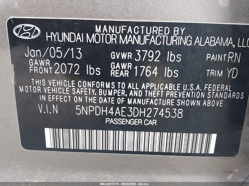 2013 Hyundai Elantra Gls VIN: 5NPDH4AE3DH274538 Lot: 43274178