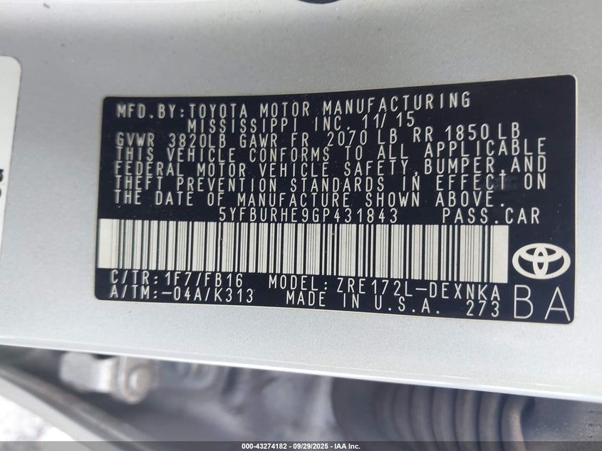 2016 Toyota Corolla Le VIN: 5YFBURHE9GP431843 Lot: 43274182