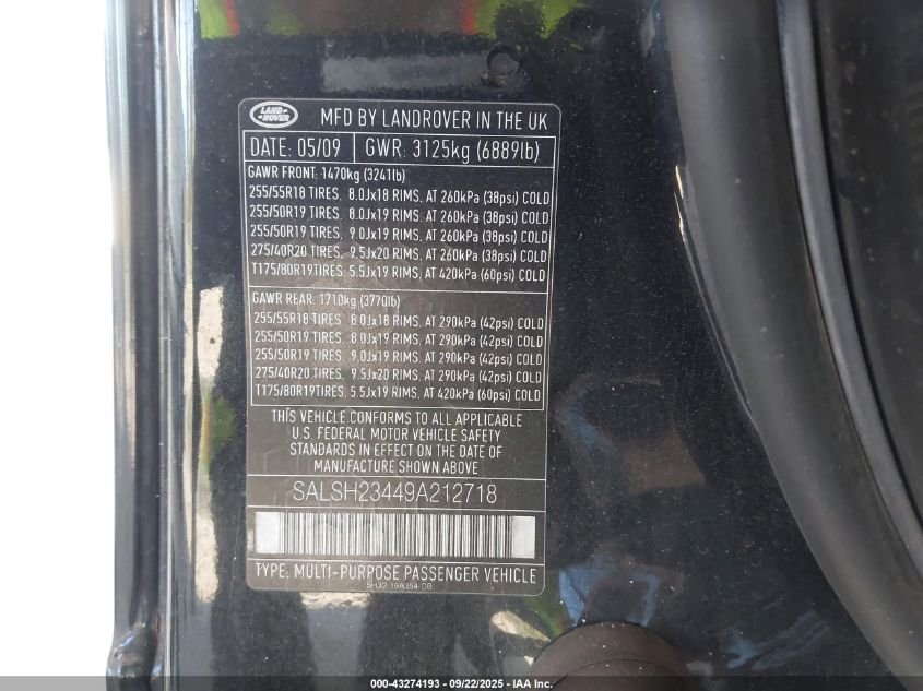 2009 Land Rover Range Rover Sport Supercharged VIN: SALSH23449A212718 Lot: 43274193