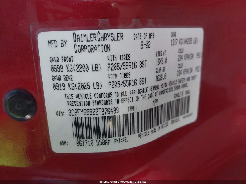 2002 Chrysler Pt Cruiser Limited VIN: 3C8FY68B22T376439 Lot: 43274204