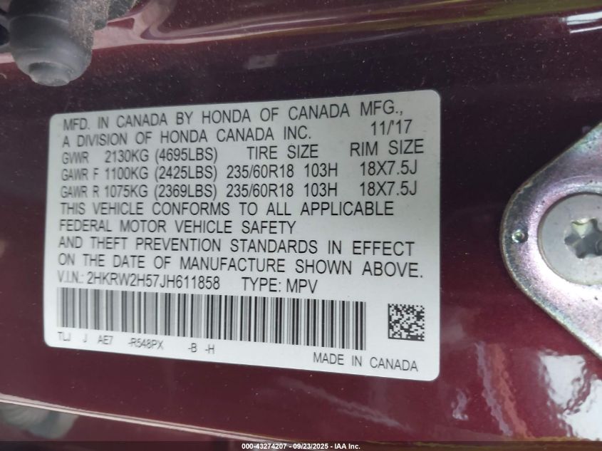 2018 Honda Cr-V Ex VIN: 2HKRW2H57JH611858 Lot: 43274207