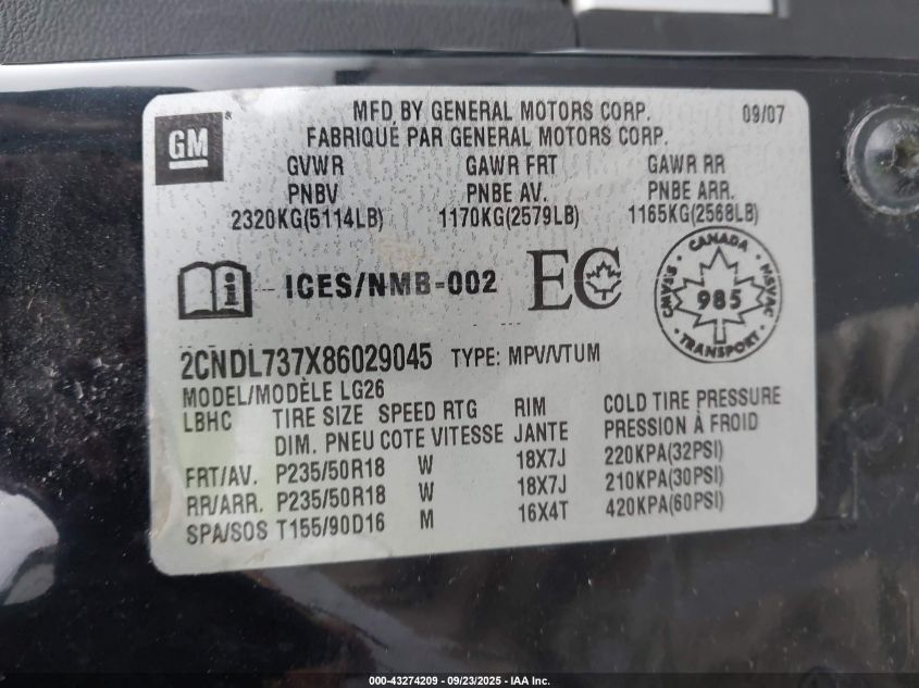 2008 Chevrolet Equinox Sport VIN: 2CNDL737X86029045 Lot: 43274209