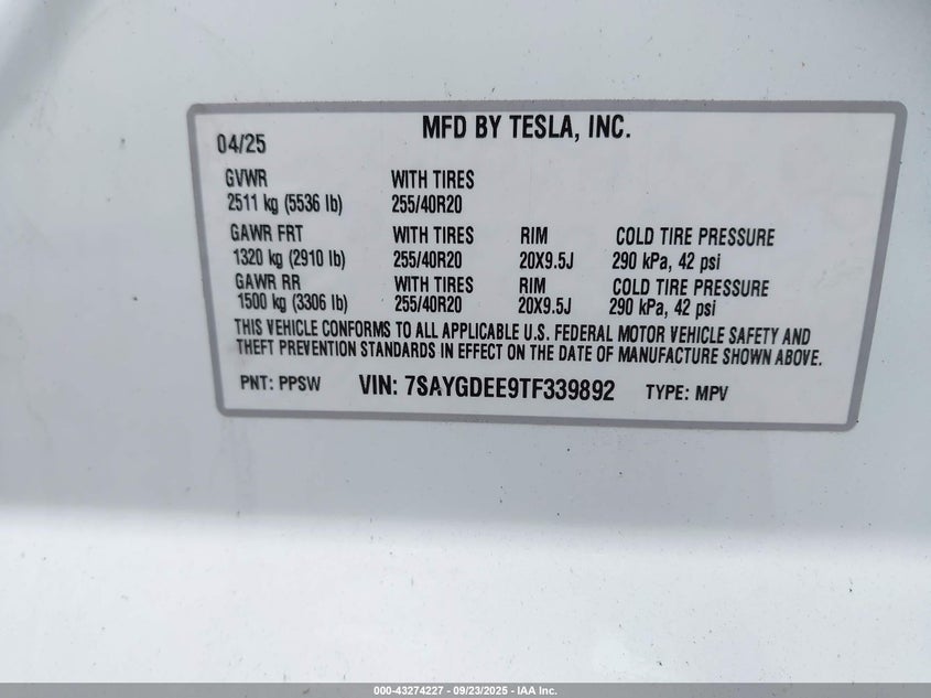 2026 Tesla Model Y Long Range Dual Motor All-Wheel Drive/Long Range Launch Series VIN: 7SAYGDEE9TF339892 Lot: 43274227