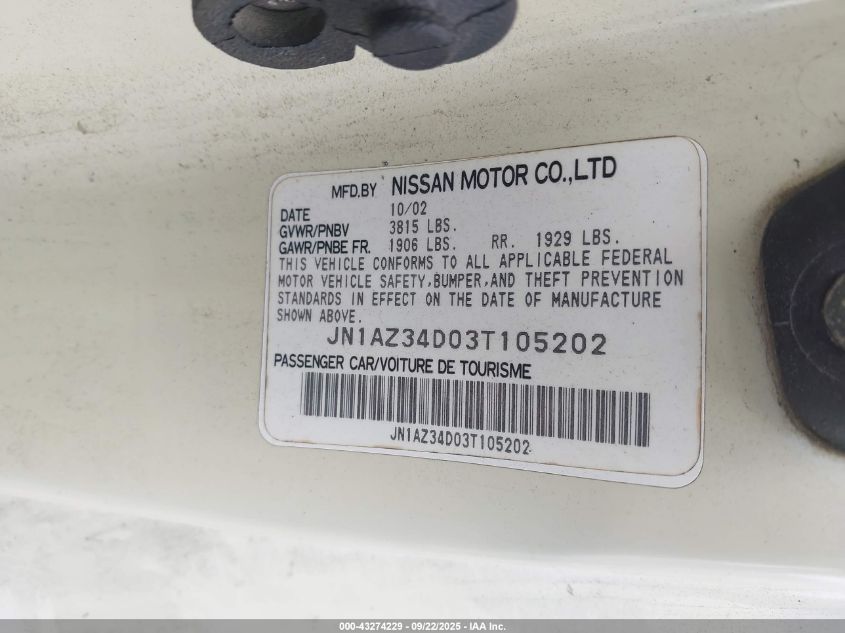 2003 Nissan 350Z Touring VIN: JN1AZ34D03T105202 Lot: 43274229