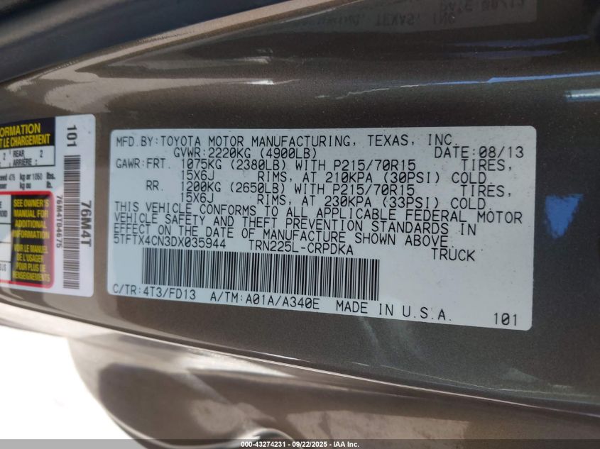 2013 Toyota Tacoma VIN: 5TFTX4CN3DX035944 Lot: 43274231