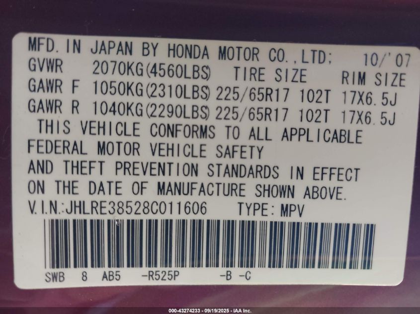 2008 Honda Cr-V Ex VIN: JHLRE38528C011606 Lot: 43274233