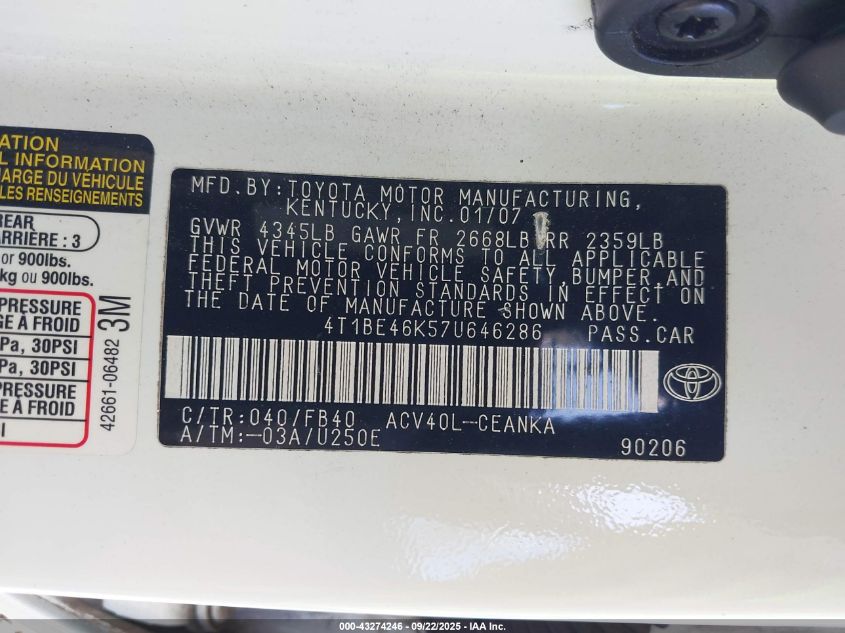 2007 Toyota Camry Le VIN: 4T1BE46K57U646286 Lot: 43274246