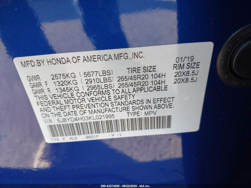 2019 Acura Mdx Tech A-Spec Pkgs VIN: 5J8YD4H03KL021995 Lot: 43274250