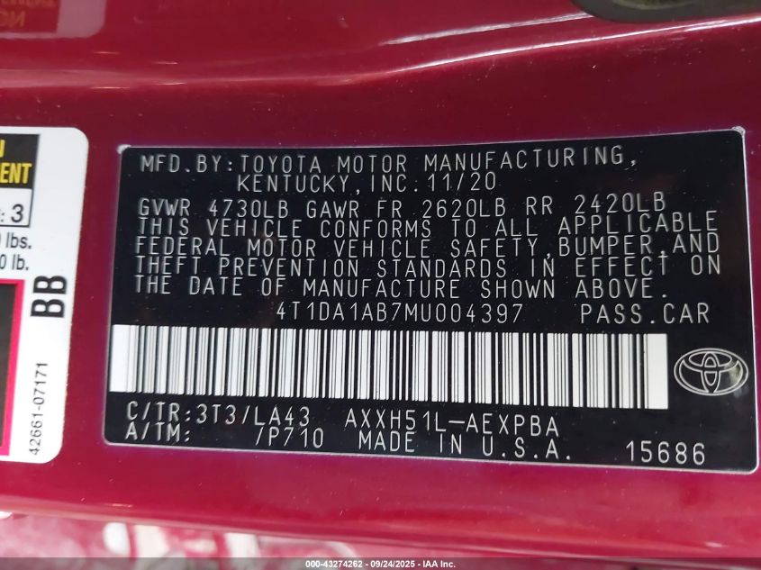 2021 Toyota Avalon Limited Hybrid VIN: 4T1DA1AB7MU004397 Lot: 43274262