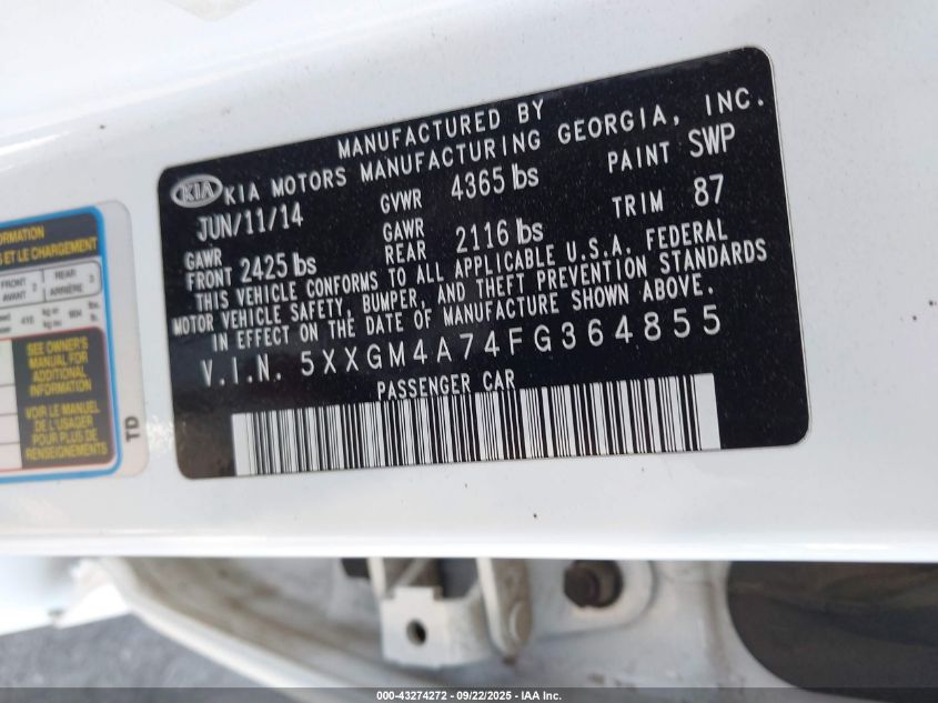 2015 Kia Optima Lx VIN: 5XXGM4A74FG364855 Lot: 43274272