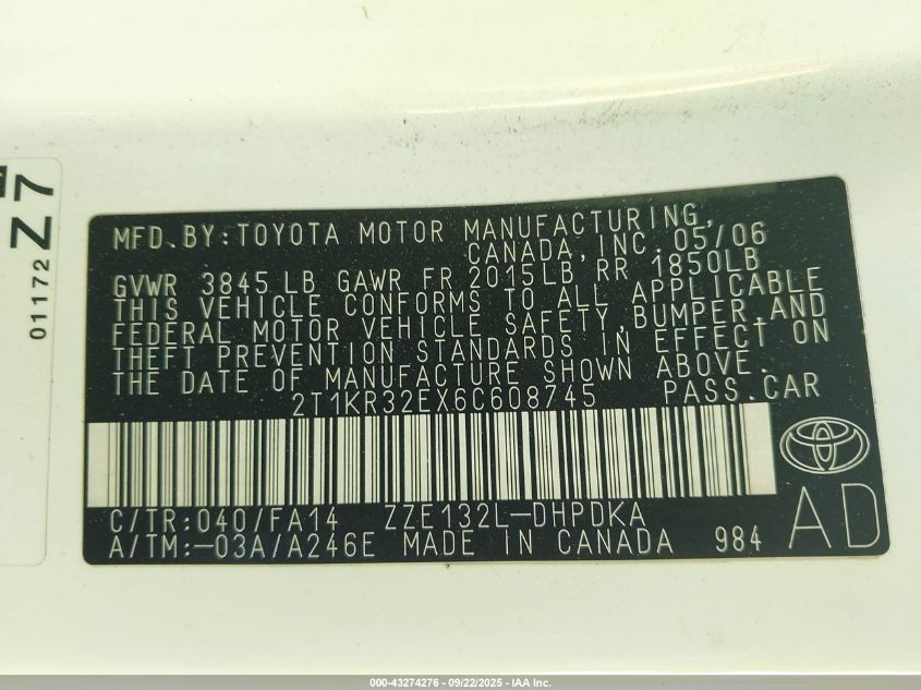 2006 Toyota Matrix VIN: 2T1KR32EX6C608745 Lot: 43274276