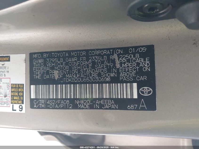 2005 Toyota Prius VIN: JTDKB20U653030658 Lot: 43274281