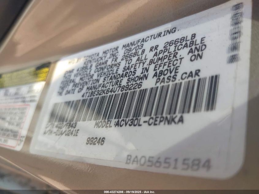 2004 Toyota Camry Le VIN: 4T1BE32K64U789226 Lot: 43274286