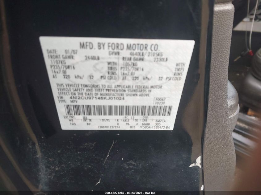 2008 Mercury Mariner Premier VIN: 4M2CU97148KJ01024 Lot: 43274287