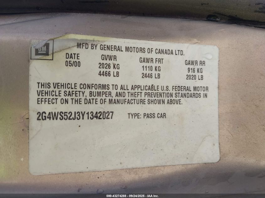 2000 Buick Century Custom VIN: 2G4WS52J3Y1342027 Lot: 43274288