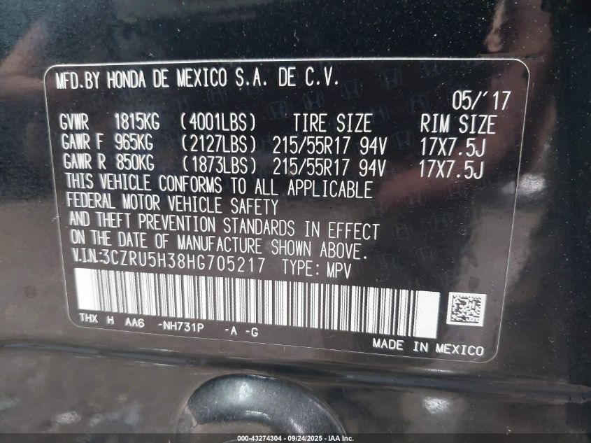 2017 Honda Hr-V Lx VIN: 3CZRU5H38HG705217 Lot: 43274304
