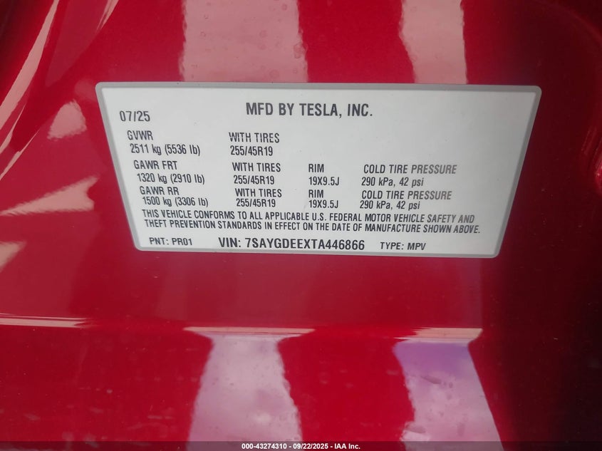 2026 Tesla Model Y Long Range Dual Motor All-Wheel Drive/Long Range Launch Series VIN: 7SAYGDEEXTA446866 Lot: 43274310