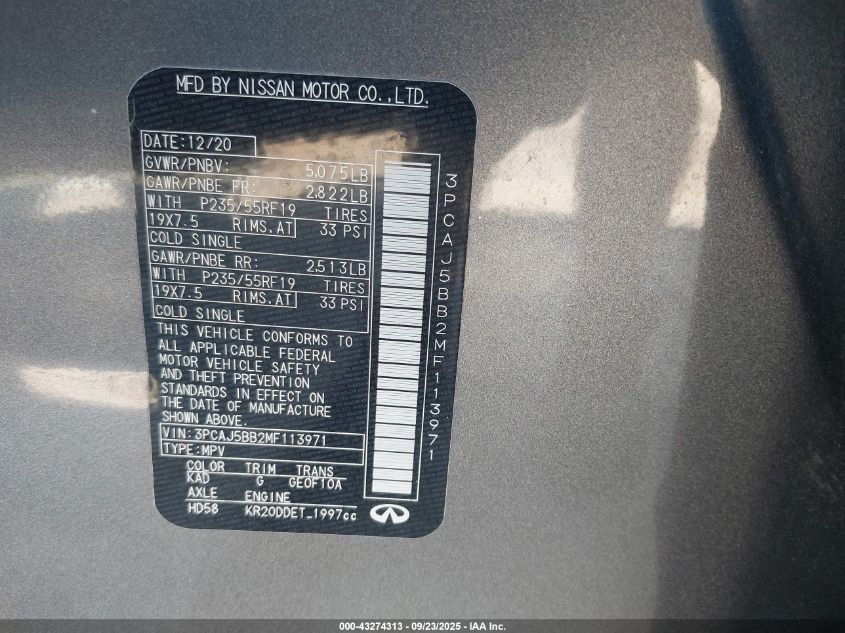 2021 Infiniti Qx50 Luxe Awd VIN: 3PCAJ5BB2MF113971 Lot: 43274313