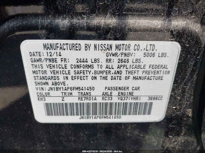 2015 Infiniti Q70 3.7 VIN: JN1BY1AP6FM541450 Lot: 43274316