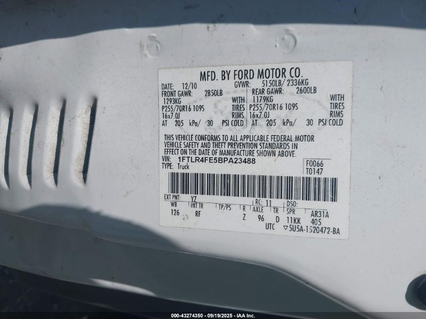 2011 Ford Ranger Sport VIN: 1FTLR4FE5BPA23488 Lot: 43274350