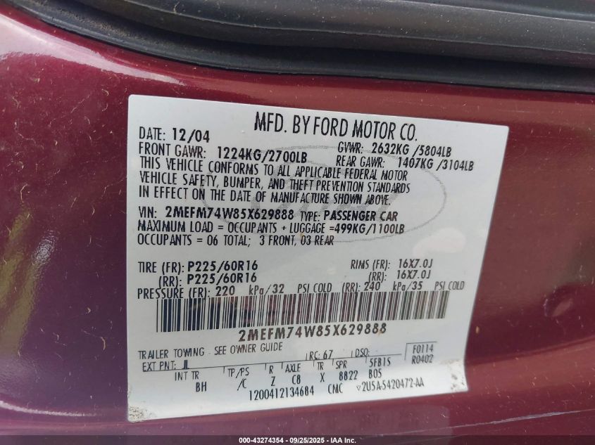 2005 Mercury Grand Marquis Gs VIN: 2MEFM74W85X629888 Lot: 43274354