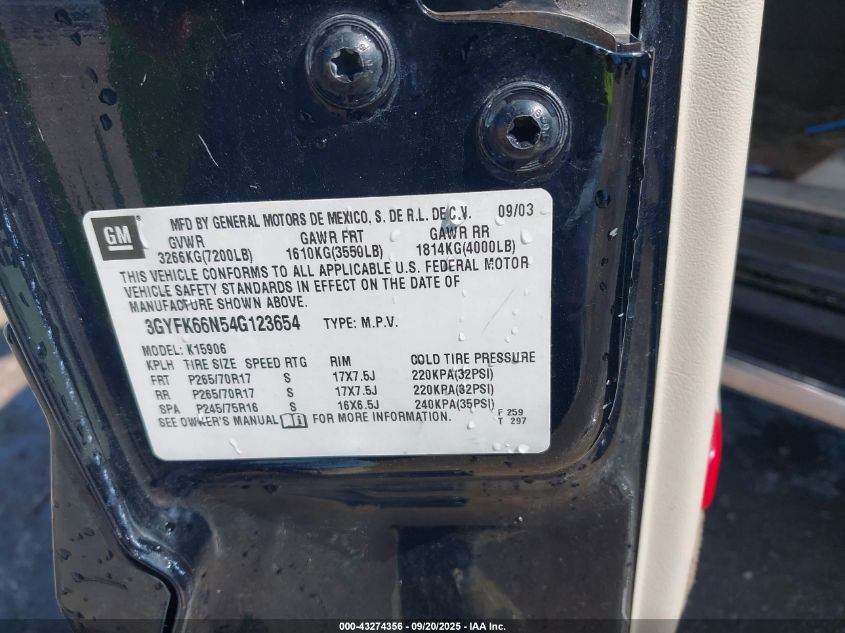 2004 Cadillac Escalade Esv Standard VIN: 3GYFK66N54G123654 Lot: 43274356