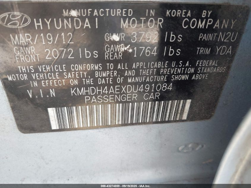 2013 Hyundai Elantra Gls VIN: KMHDH4AEXDU491084 Lot: 43274359