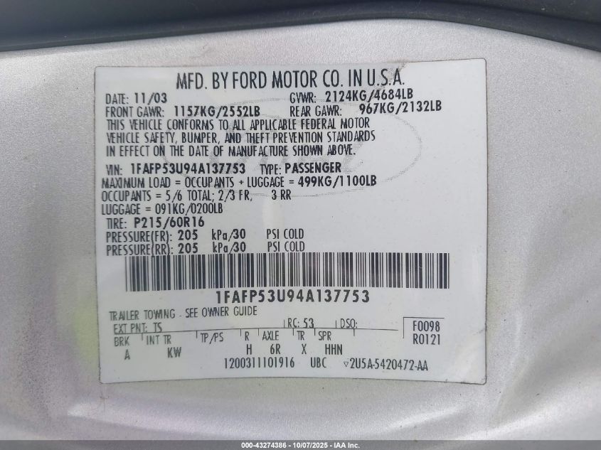 2004 Ford Taurus Se VIN: 1FAFP53U94A137753 Lot: 43274386