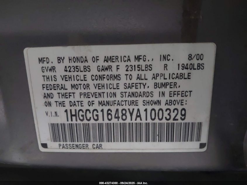 2000 Honda Accord 3.0 Lx VIN: 1HGCG1648YA100329 Lot: 43274388