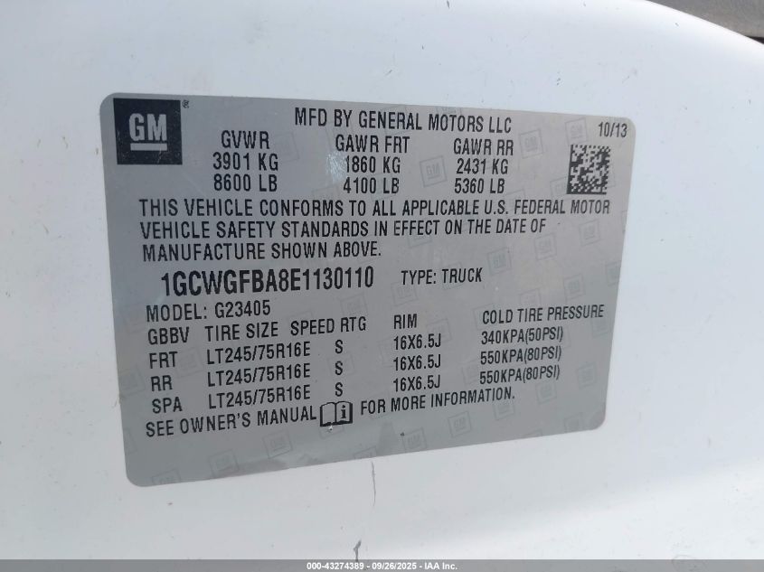 2014 Chevrolet Express 2500 Work Van VIN: 1GCWGFBA8E1130110 Lot: 43274389