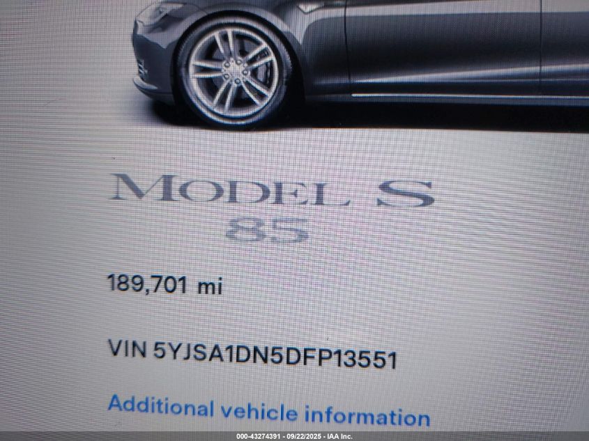 2013 Tesla Model S VIN: 5YJSA1DN5DFP13551 Lot: 43274391