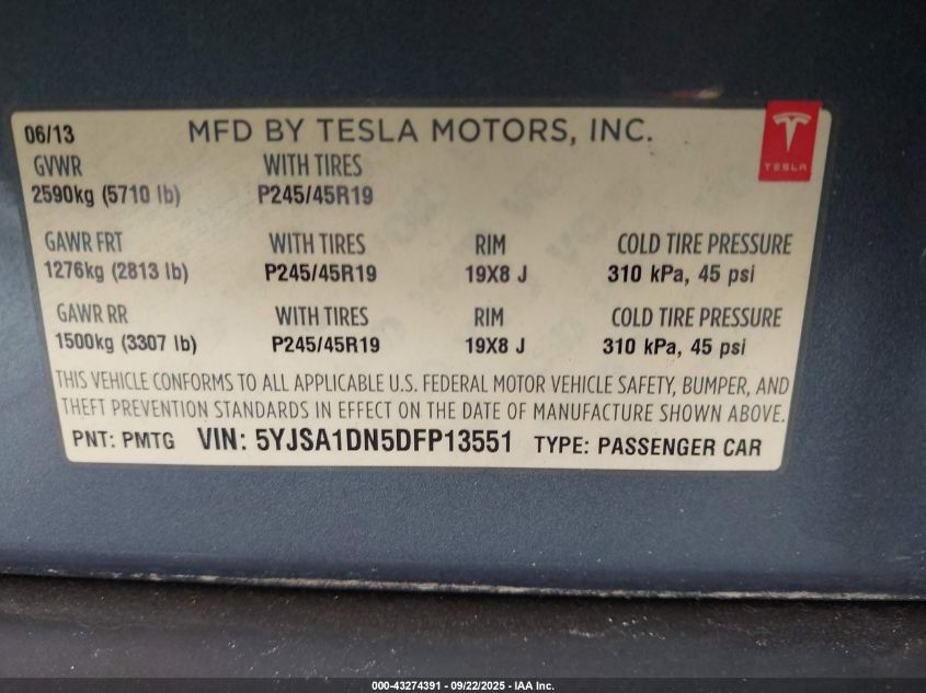 2013 Tesla Model S VIN: 5YJSA1DN5DFP13551 Lot: 43274391