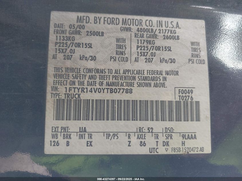 2000 Ford Ranger Xl/Xlt VIN: 1FTYR14V0YTB07788 Lot: 43274397