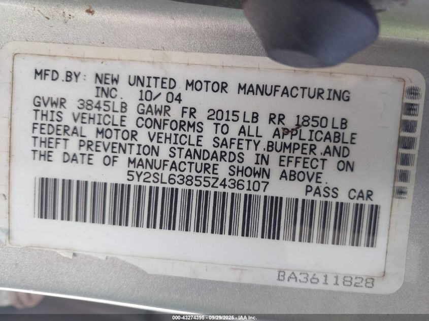 2005 Pontiac Vibe VIN: 5Y2SL63855Z436107 Lot: 43274395