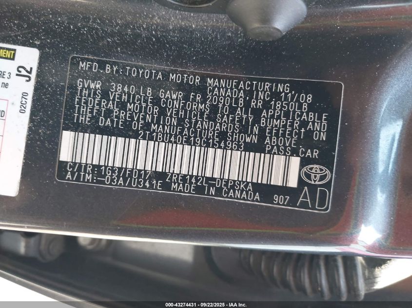 2009 Toyota Corolla S VIN: 2T1BU40E19C154963 Lot: 43274431