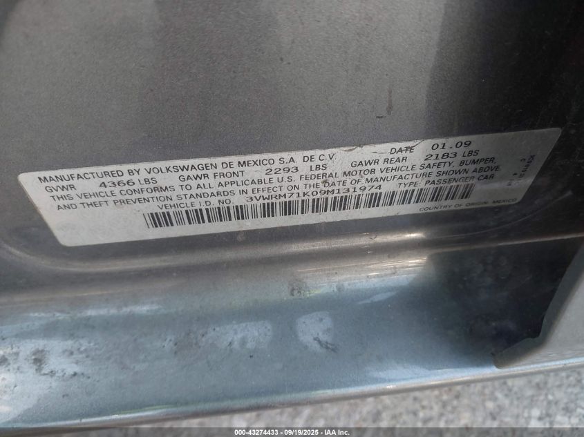 2009 Volkswagen Jetta Se VIN: 3VWRM71K09M131974 Lot: 43274433