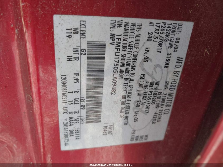 2005 Ford Expedition Eddie Bauer/King Ranch VIN: 1FMFU17505LA09482 Lot: 43274445