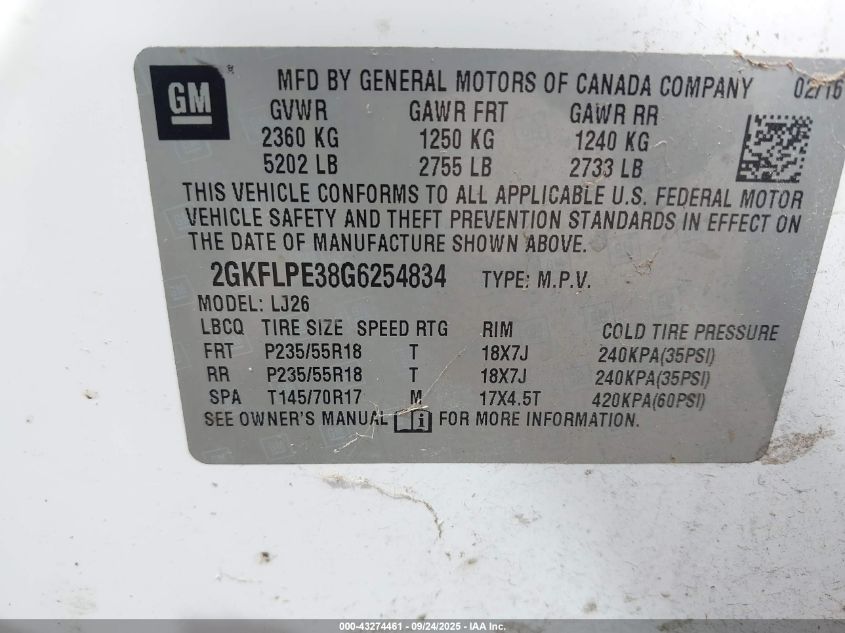 2016 GMC Terrain Slt VIN: 2GKFLPE38G6254834 Lot: 43274461
