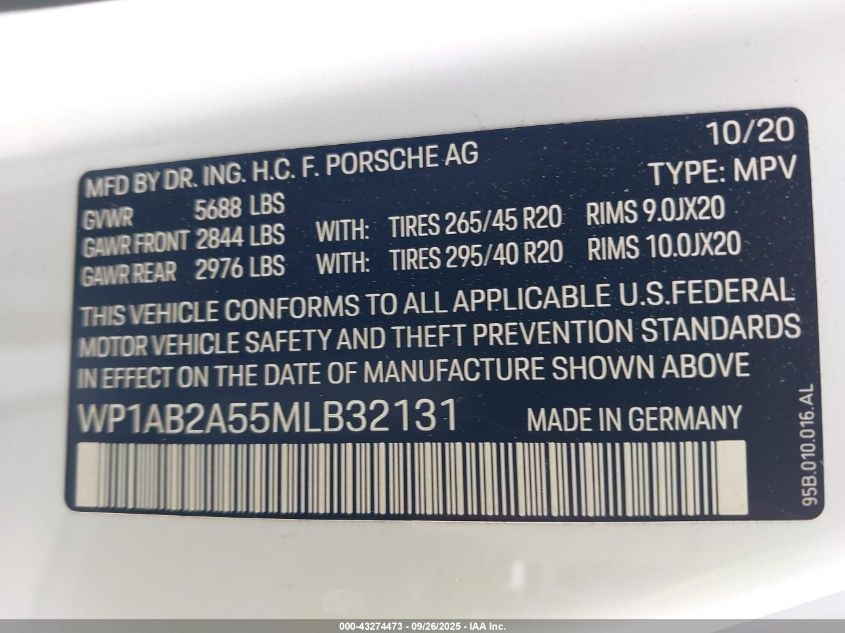 2021 Porsche Macan S VIN: WP1AB2A55MLB32131 Lot: 43274473