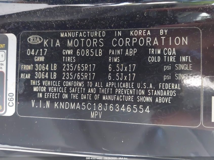 2018 Kia Sedona L VIN: KNDMA5C18J6346554 Lot: 43274480