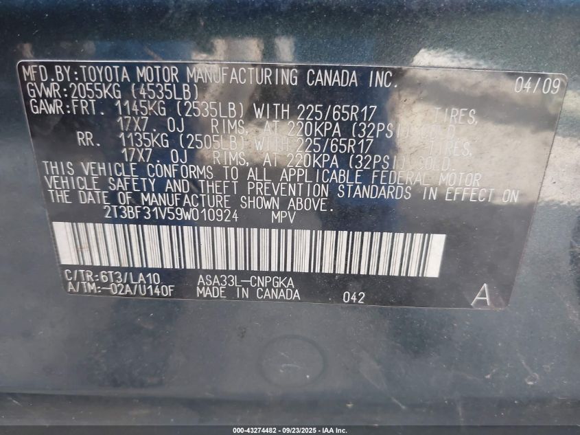 2009 Toyota Rav4 Limited VIN: 2T3BF31V59W010924 Lot: 43274482