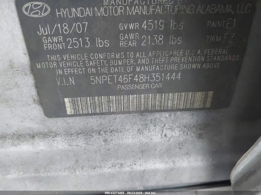 2008 Hyundai Sonata Gls V6 VIN: 5NPET46F48H351444 Lot: 43274485